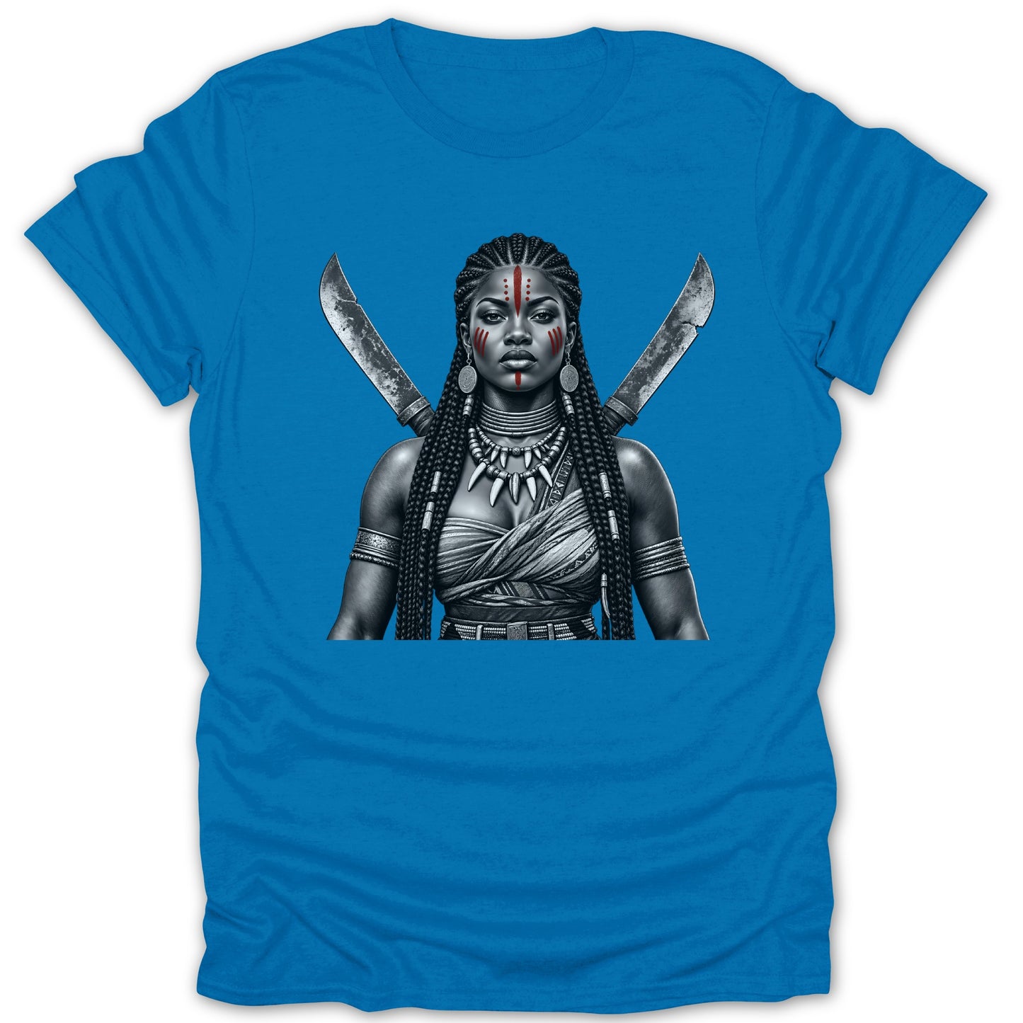 Black and white warrior woman with red face paint and crossed swords.
