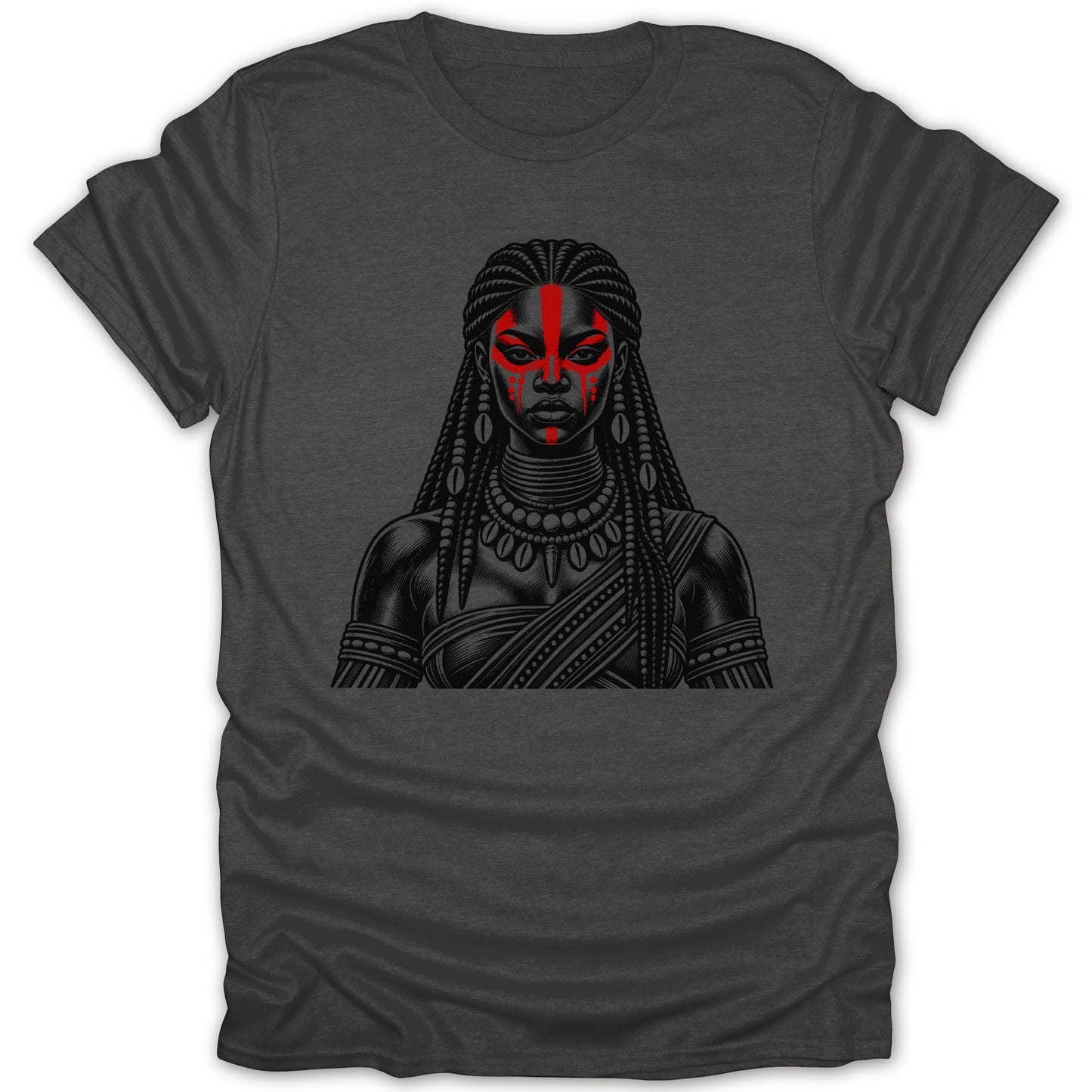 T-shirt with black and white portrait of a woman with red facial markings and braids.