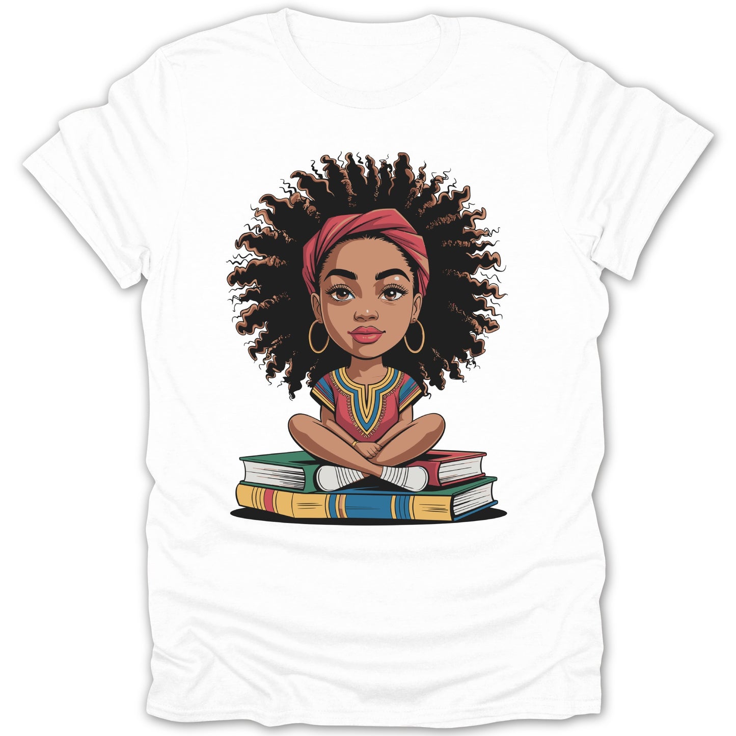 Adorable Girl Sitting on Books Illustration T-shirt