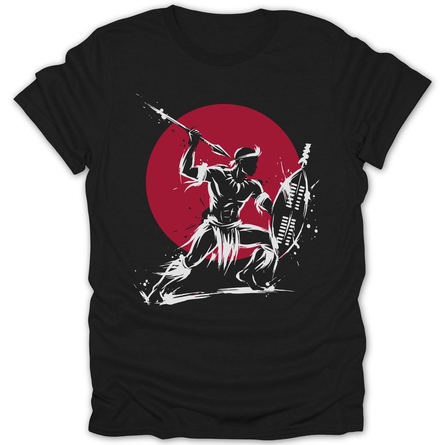 Black t-shirt with white warrior figure, spear, and shield against red circle.