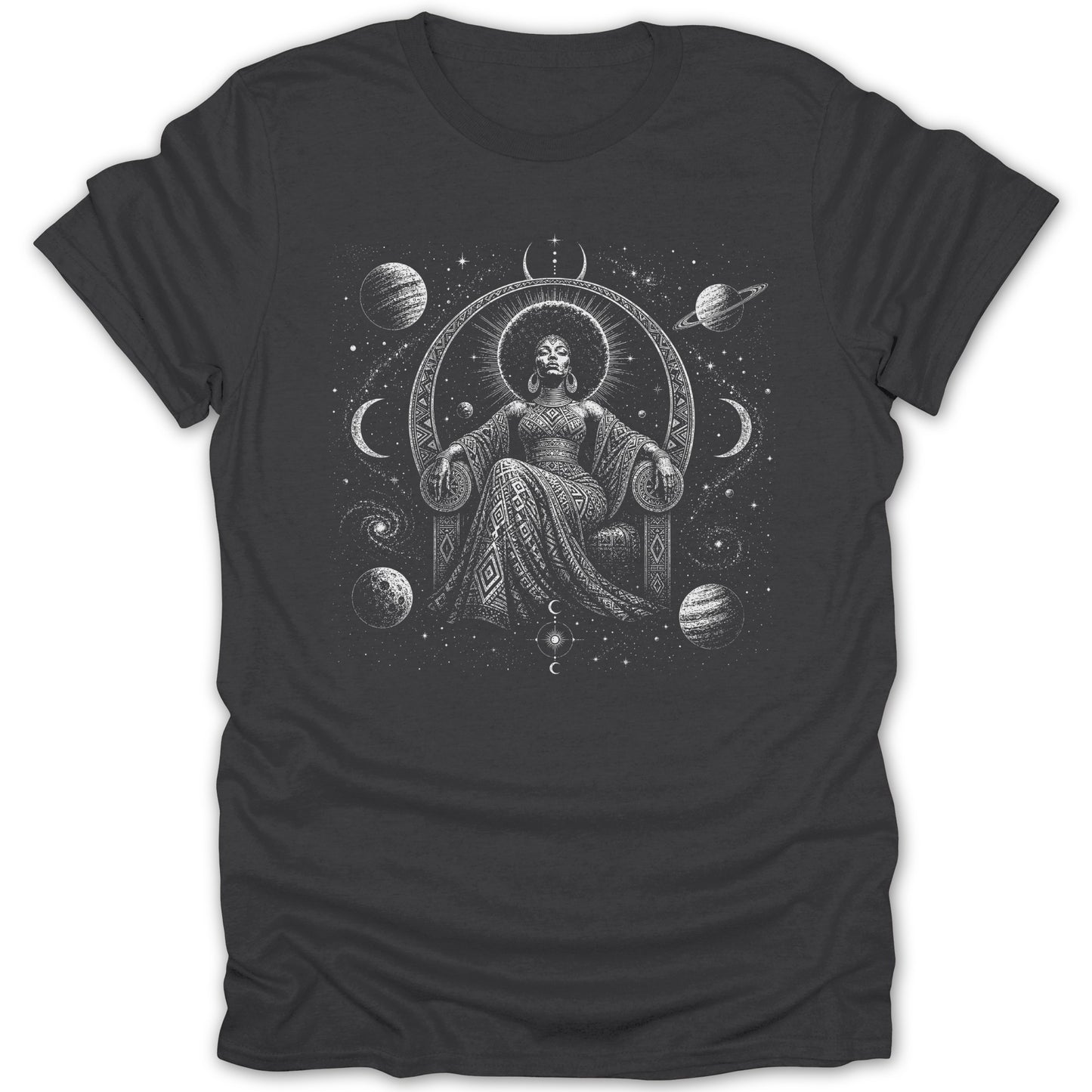 Feminine celestial queen seated on throne surrounded by planets and stars.