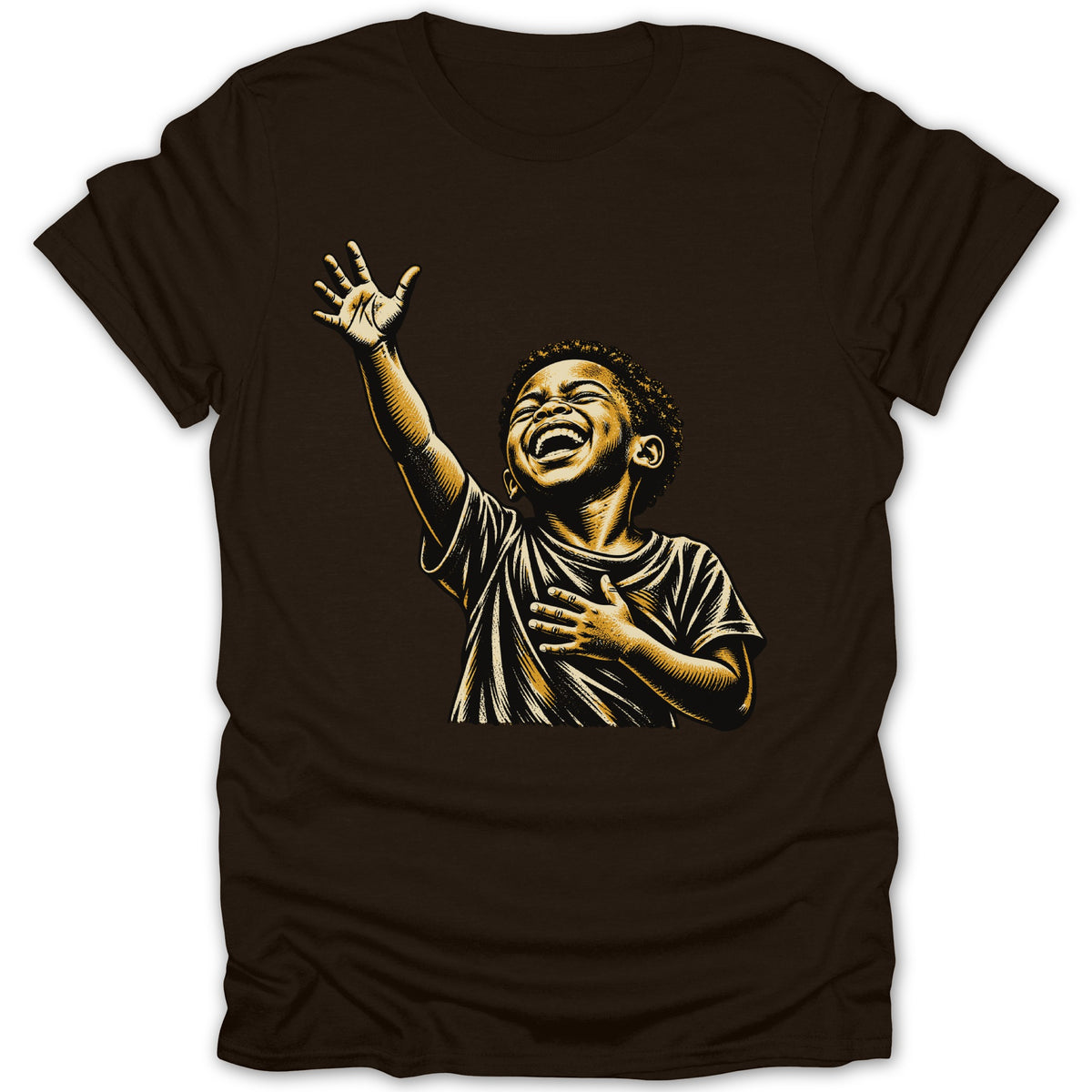 T-shirt with graphic of a laughing child reaching up with one hand.
