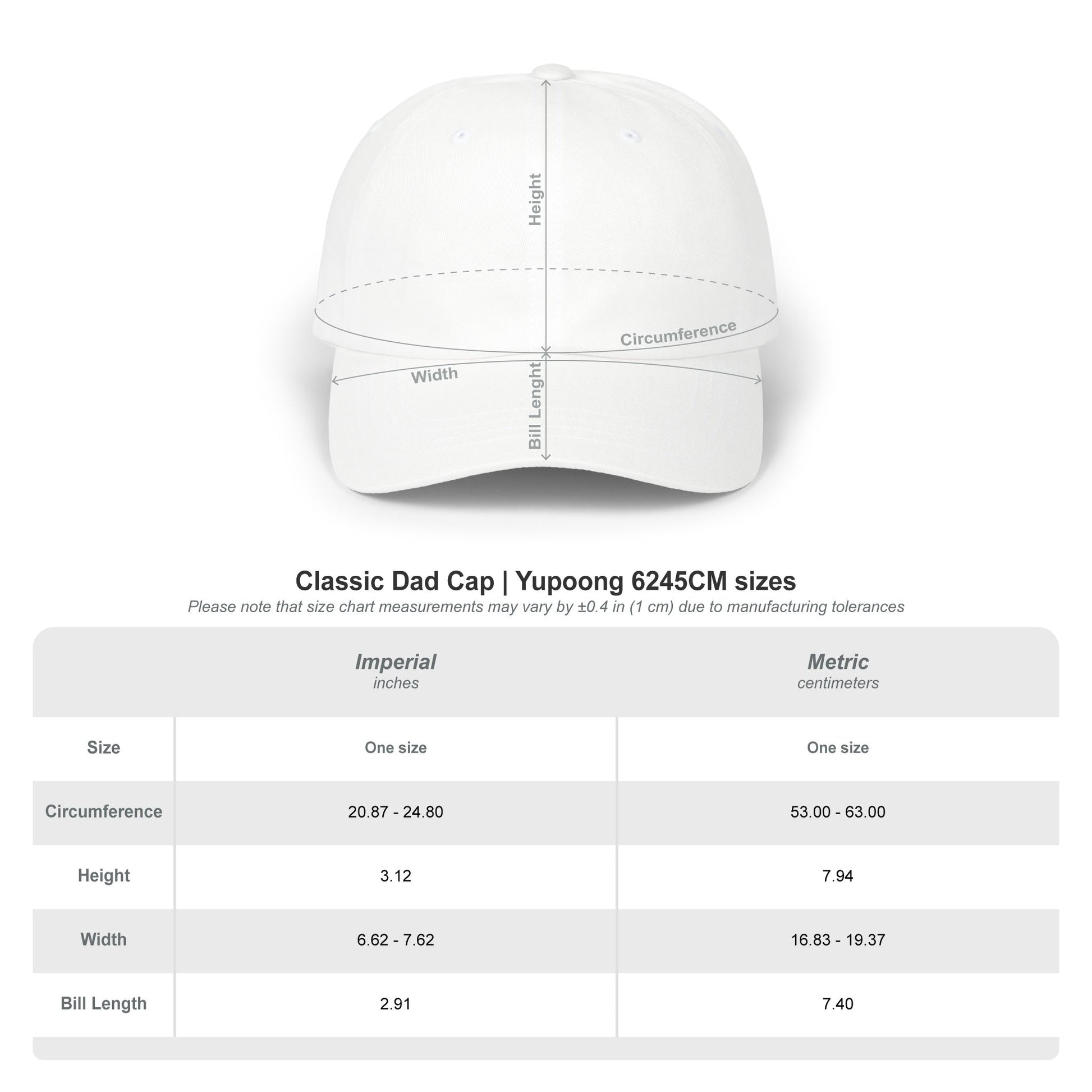 Yupoong Classic Dad Cap size chart with Imperial and Metric measurements.