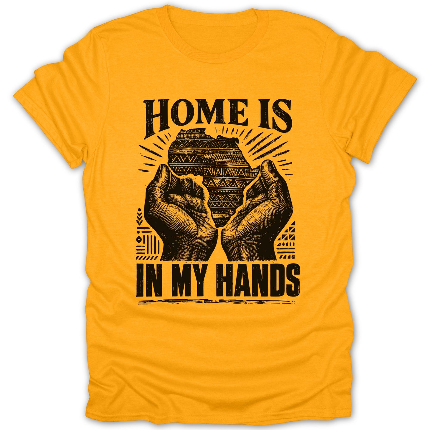 Yellow t-shirt with black graphic: "HOME IS IN MY HANDS" and map of Africa.