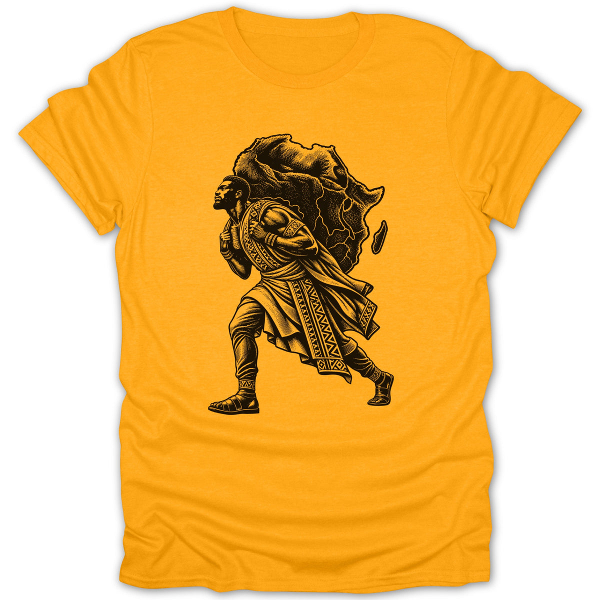 Black graphic of man carrying Africa map on yellow t-shirt.