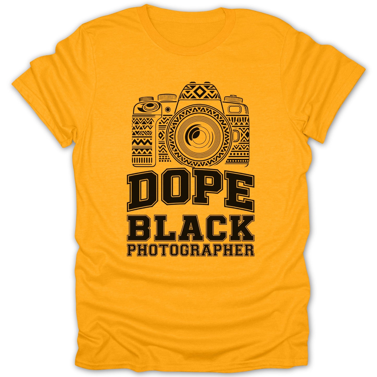 Yellow t-shirt with black graphic of a camera and text "DOPE BLACK PHOTOGRAPHER".