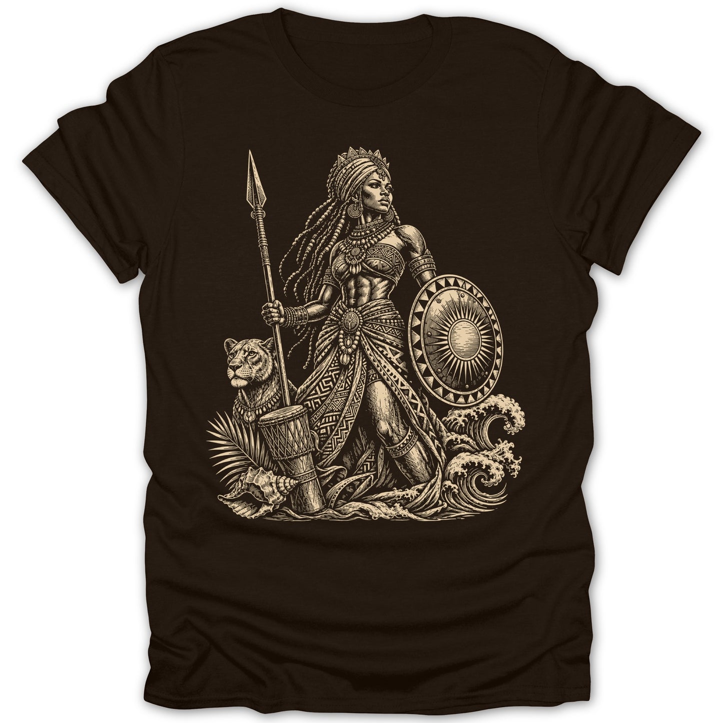 Warrior woman with spear, shield, lion, and waves illustration on brown t-shirt.