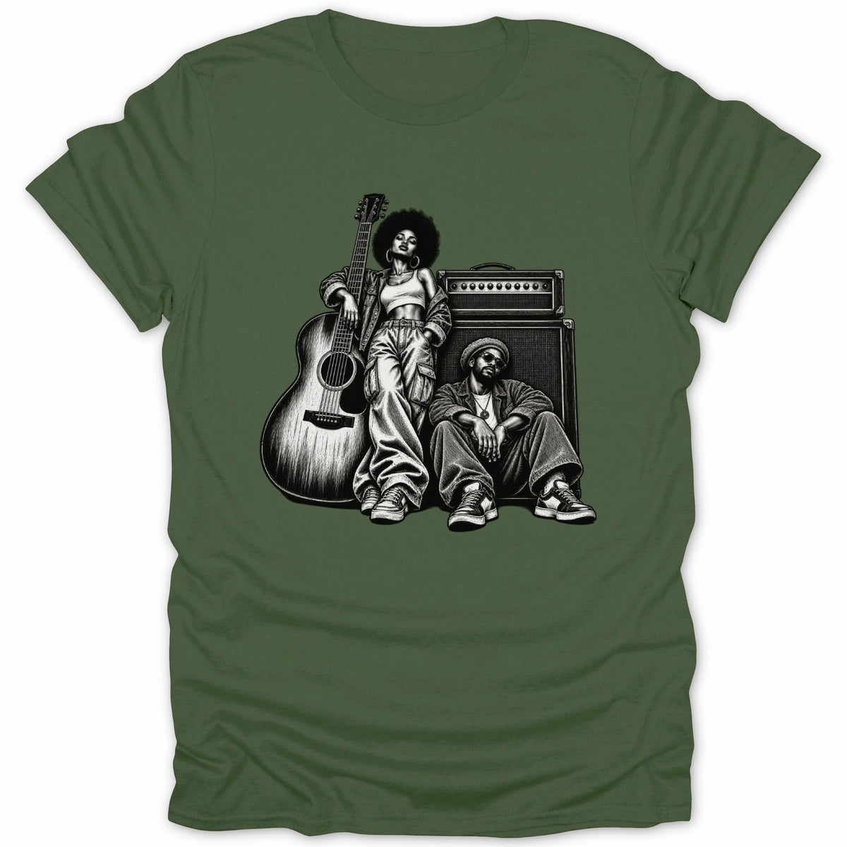 Black and white illustration of a woman with an afro, guitar, and amplifier, and a seated man.