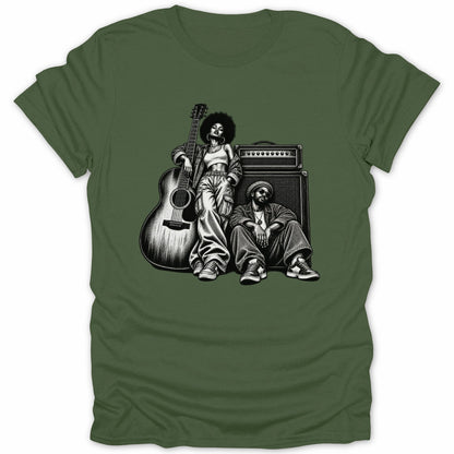 Black and white illustration of a woman with an afro, guitar, and amplifier, and a seated man.