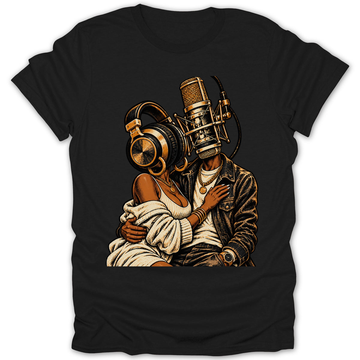 Couple with headphones and microphone heads on black t-shirt.