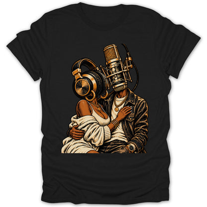 Couple with headphones and microphone heads on black t-shirt.