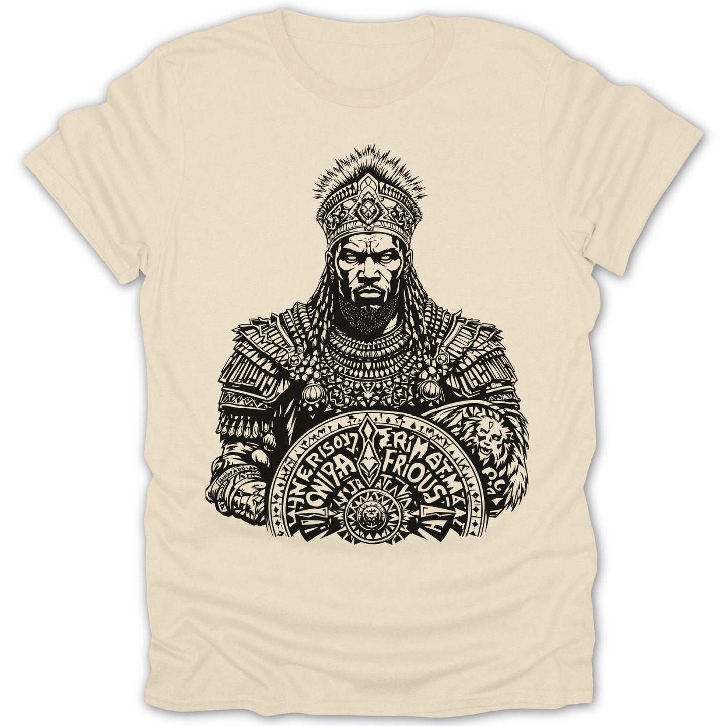 Black and white regal warrior with crown and ornate shield on cream t-shirt.