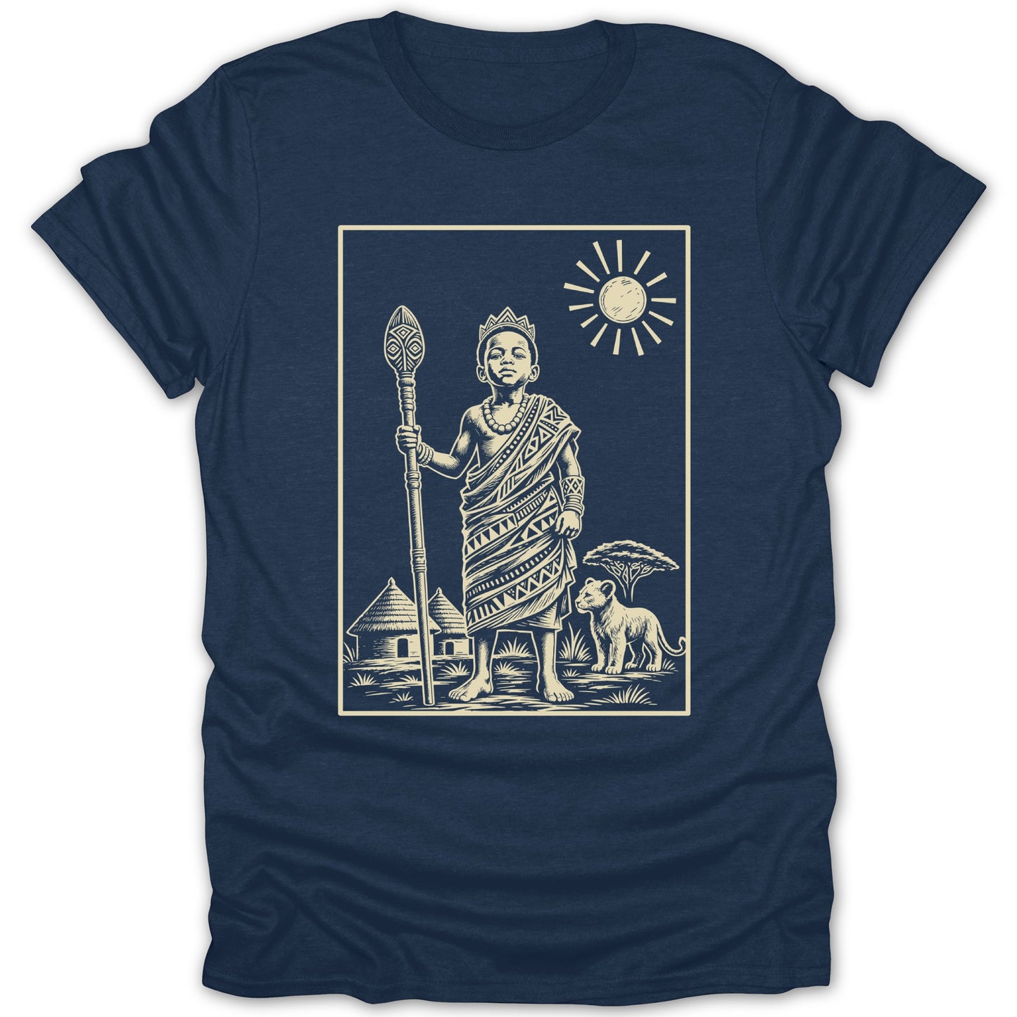 Illustration of a young king holding a staff with a lion and village in the background.