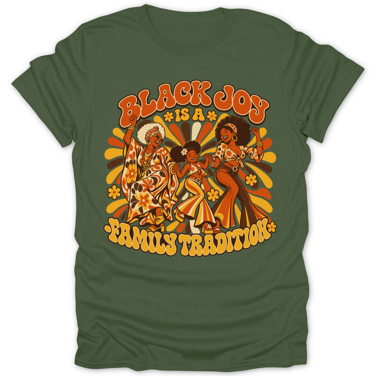 Retro graphic with text "BLACK JOY IS A FAMILY TRADITION" and dancing figures.