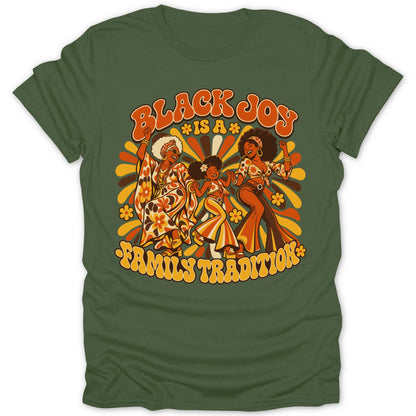 Retro graphic with text "BLACK JOY IS A FAMILY TRADITION" and dancing figures.
