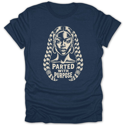 Navy blue t-shirt featuring a cream-colored graphic of a woman with braided hair and the text PARTED WITH PURPOSE.