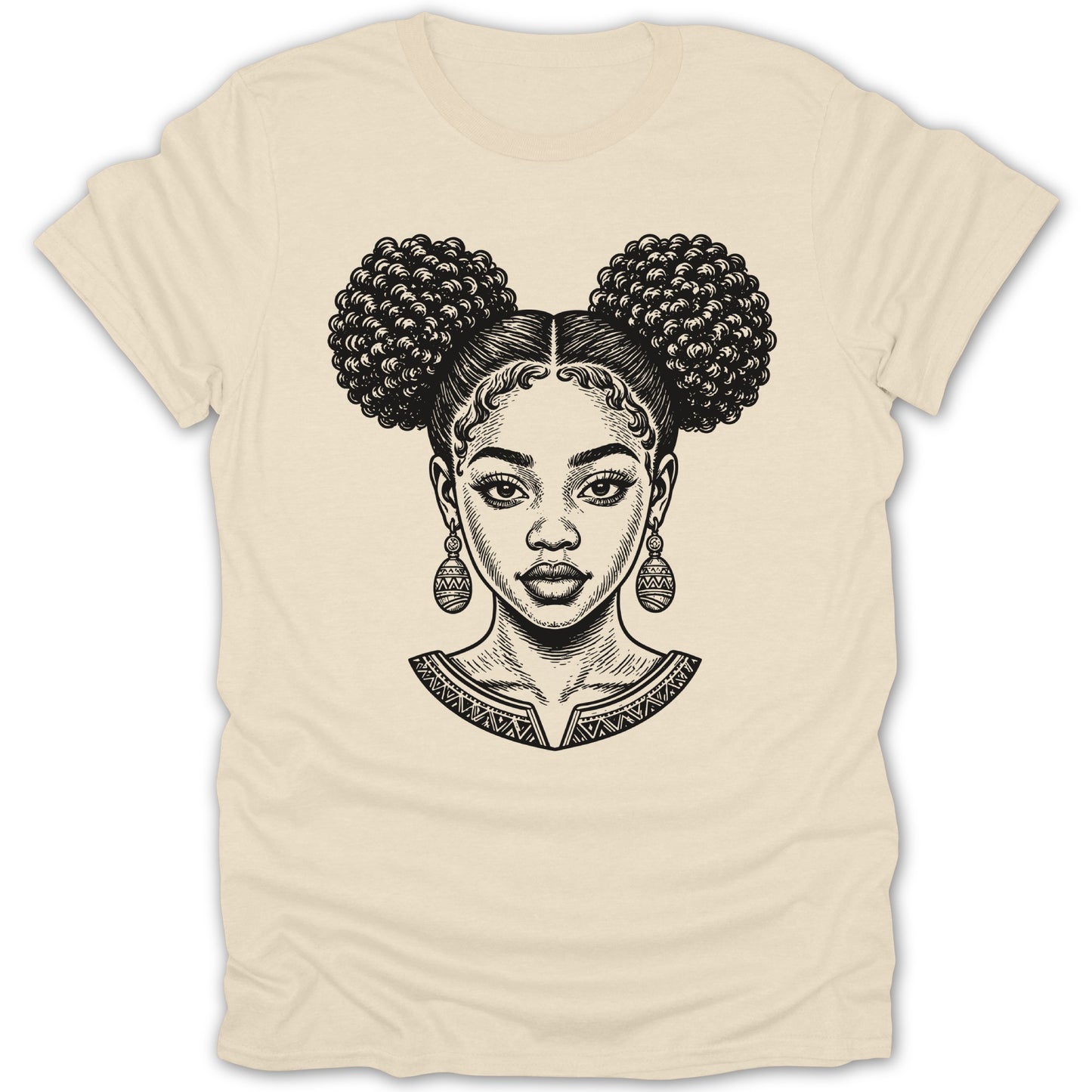 Black and white line art portrait of a woman with puffed hair and large earrings.