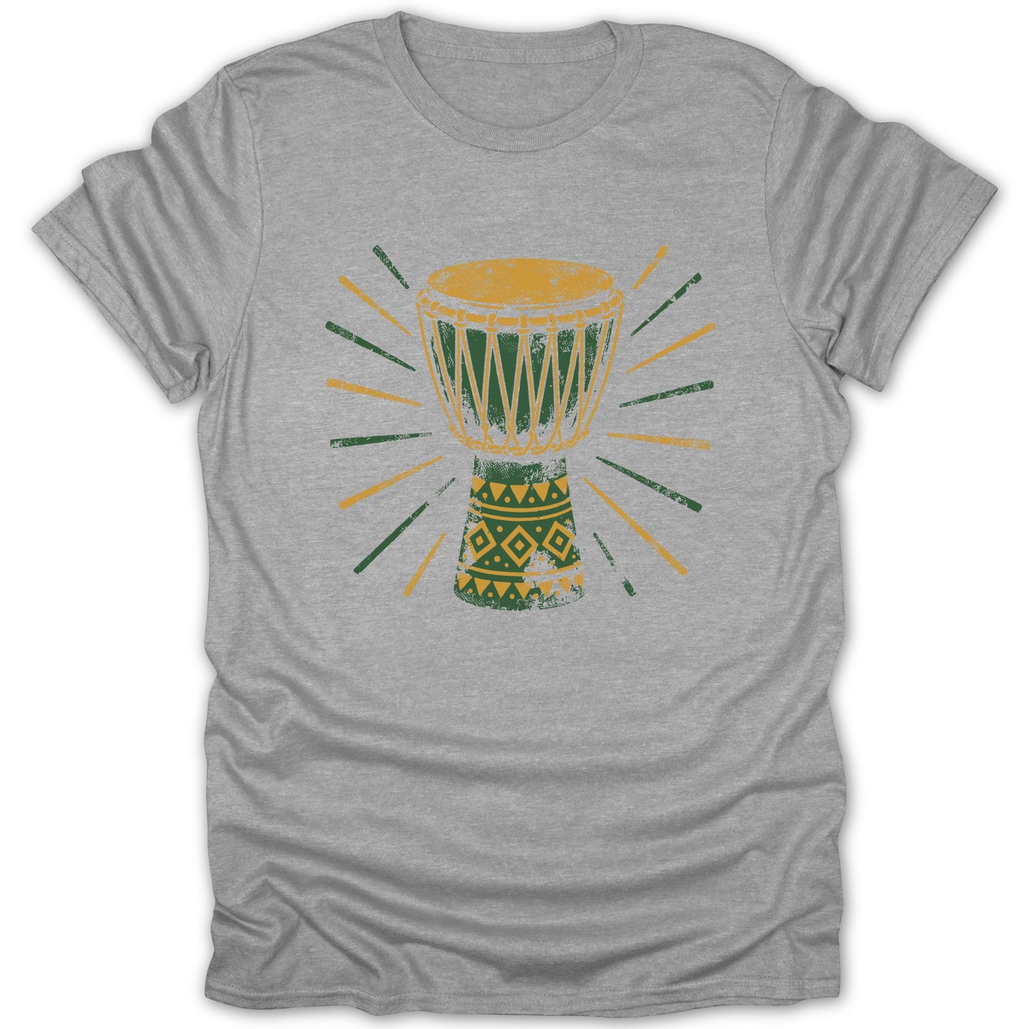 Grey t-shirt with a distressed djembe drum graphic surrounded by radiating lines.