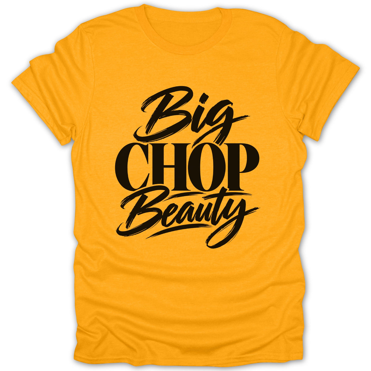 Orange t-shirt with black text reading "Big Chop Beauty"