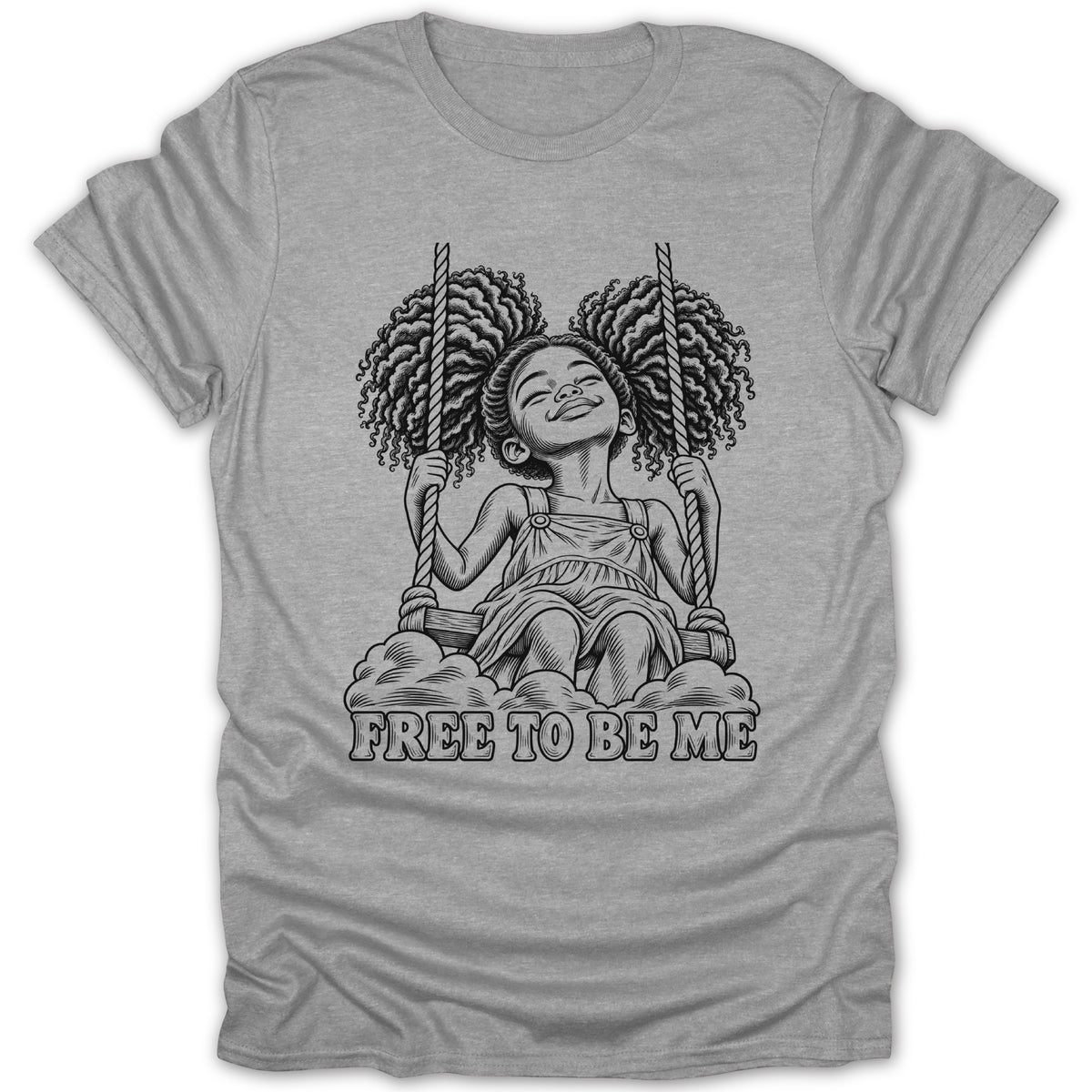 Line art of a girl on a swing with text "FREE TO BE ME".