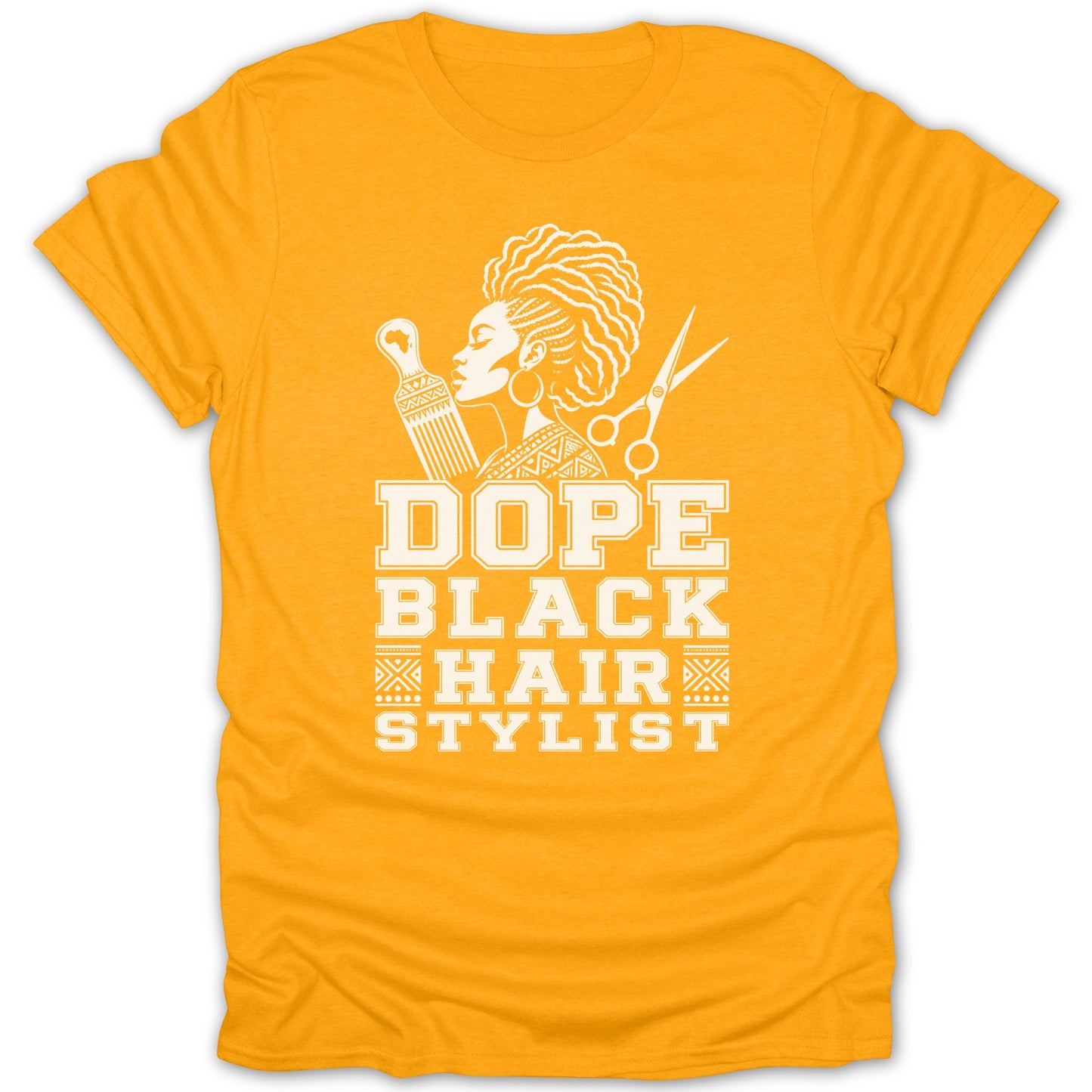 Orange t-shirt with "DOPE BLACK HAIR STYLIST" text and graphic.