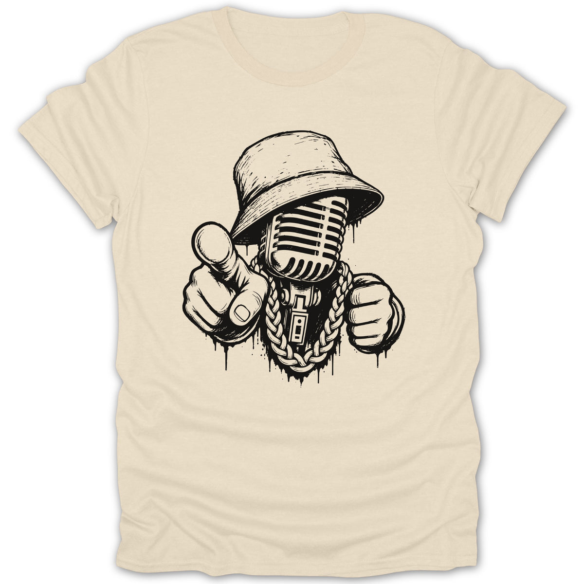 Microphone wearing a bucket hat and gold chain, pointing finger with graffiti drip.