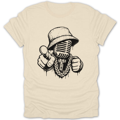 Microphone wearing a bucket hat and gold chain, pointing finger with graffiti drip.