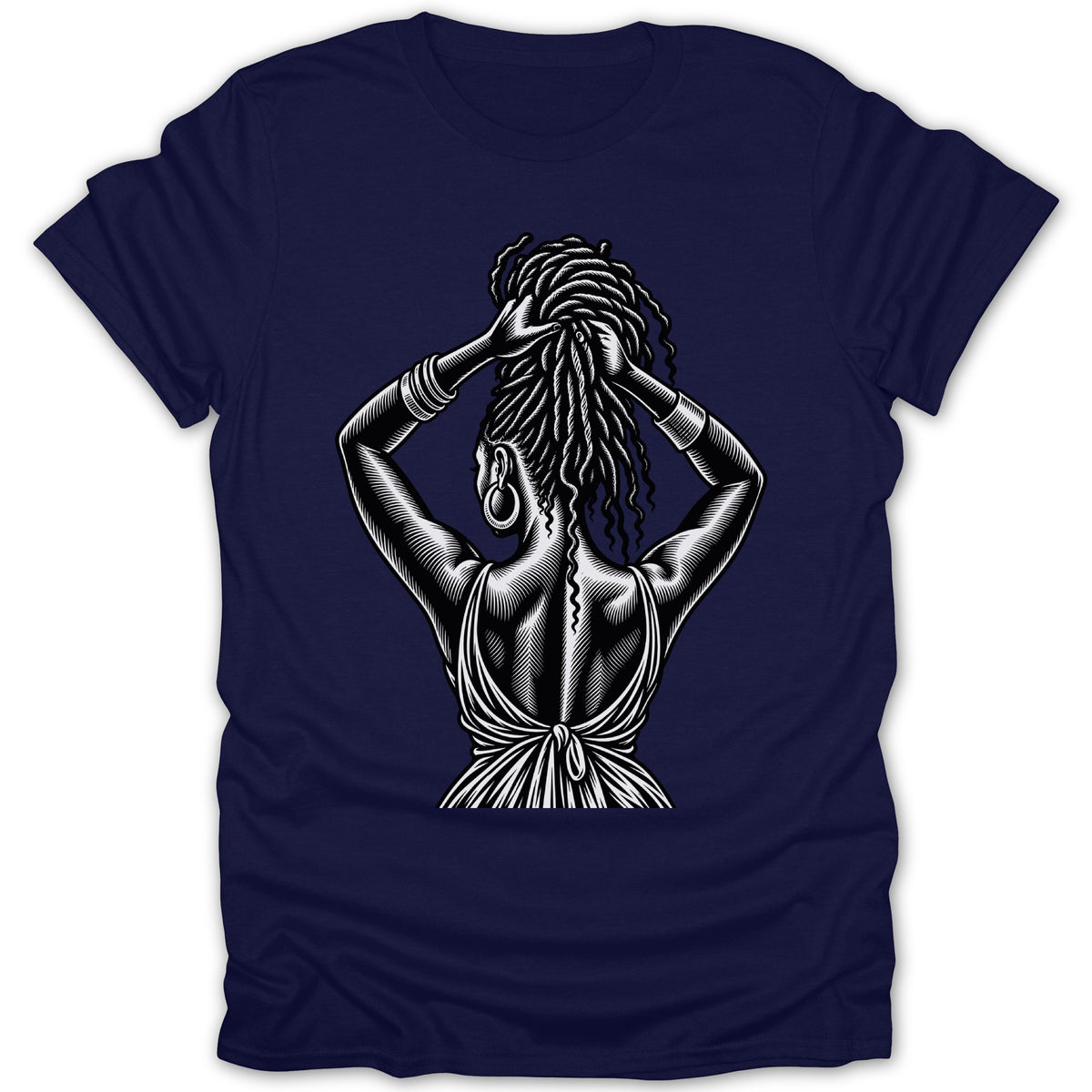 Black and white illustration of a woman from the back with dreadlocks on a navy blue t-shirt.