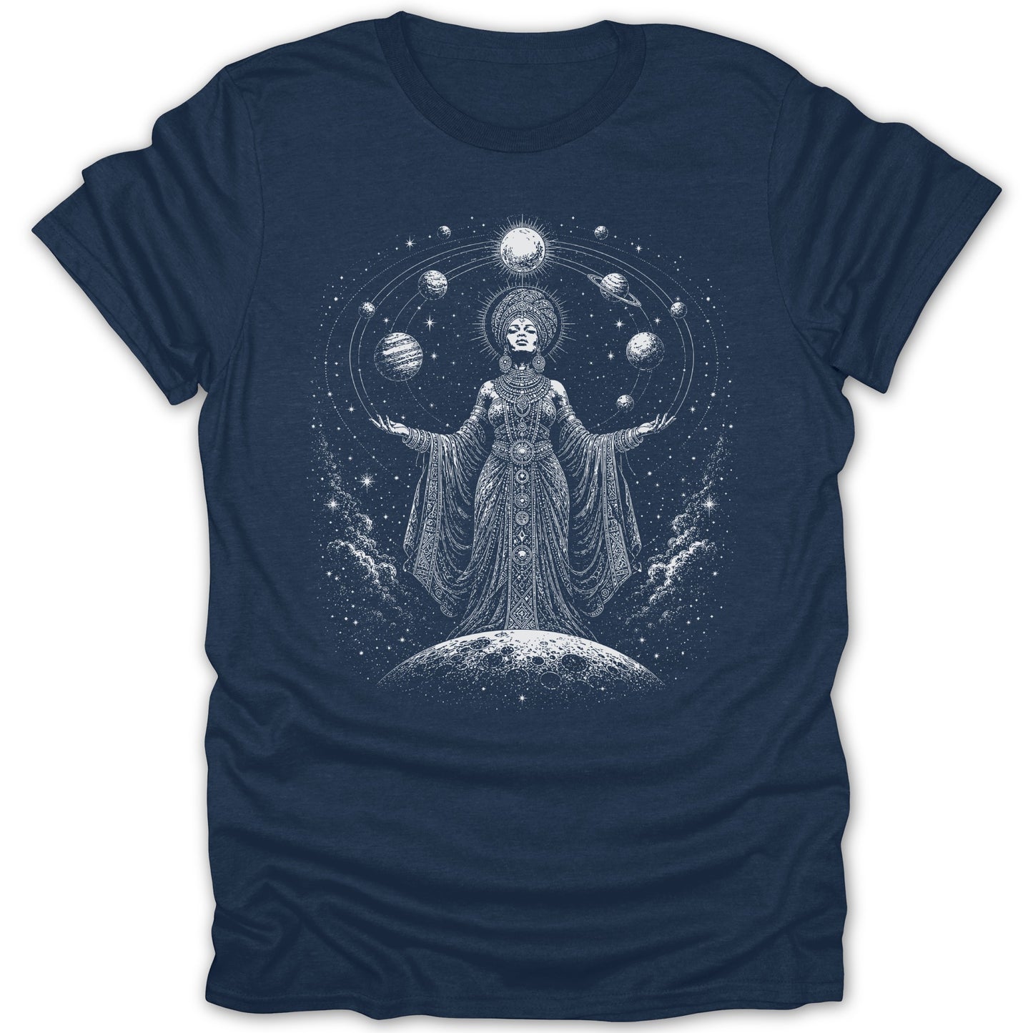T-shirt with white graphic of a woman on a moon surrounded by planets and stars.