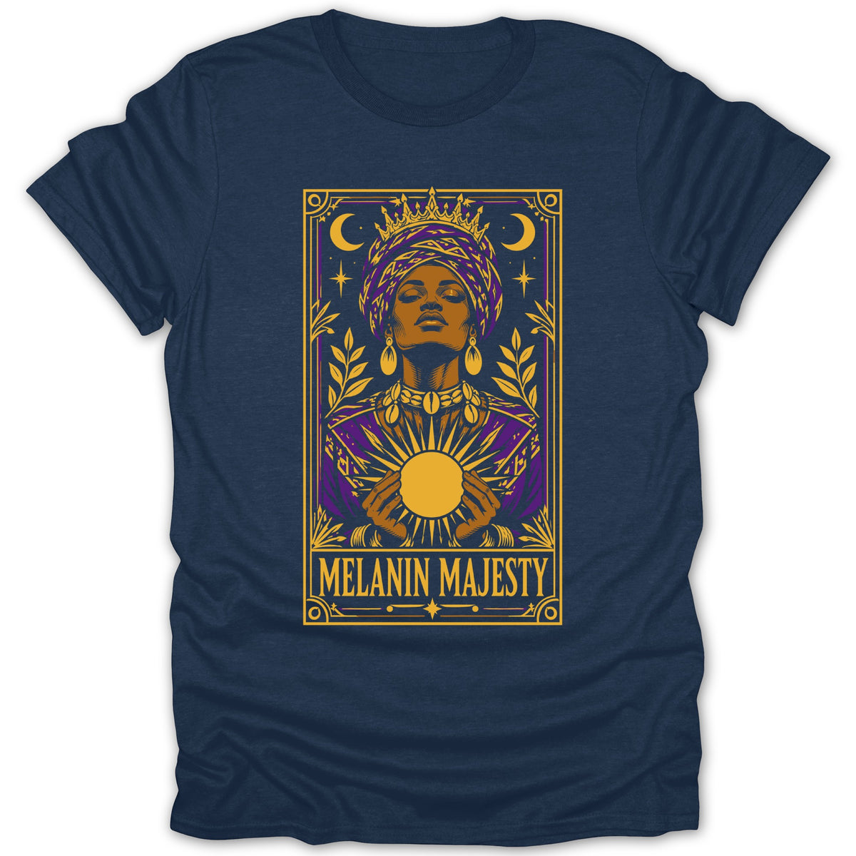 T-shirt with "Melanin Majesty" graphic featuring a crowned woman holding a sun.