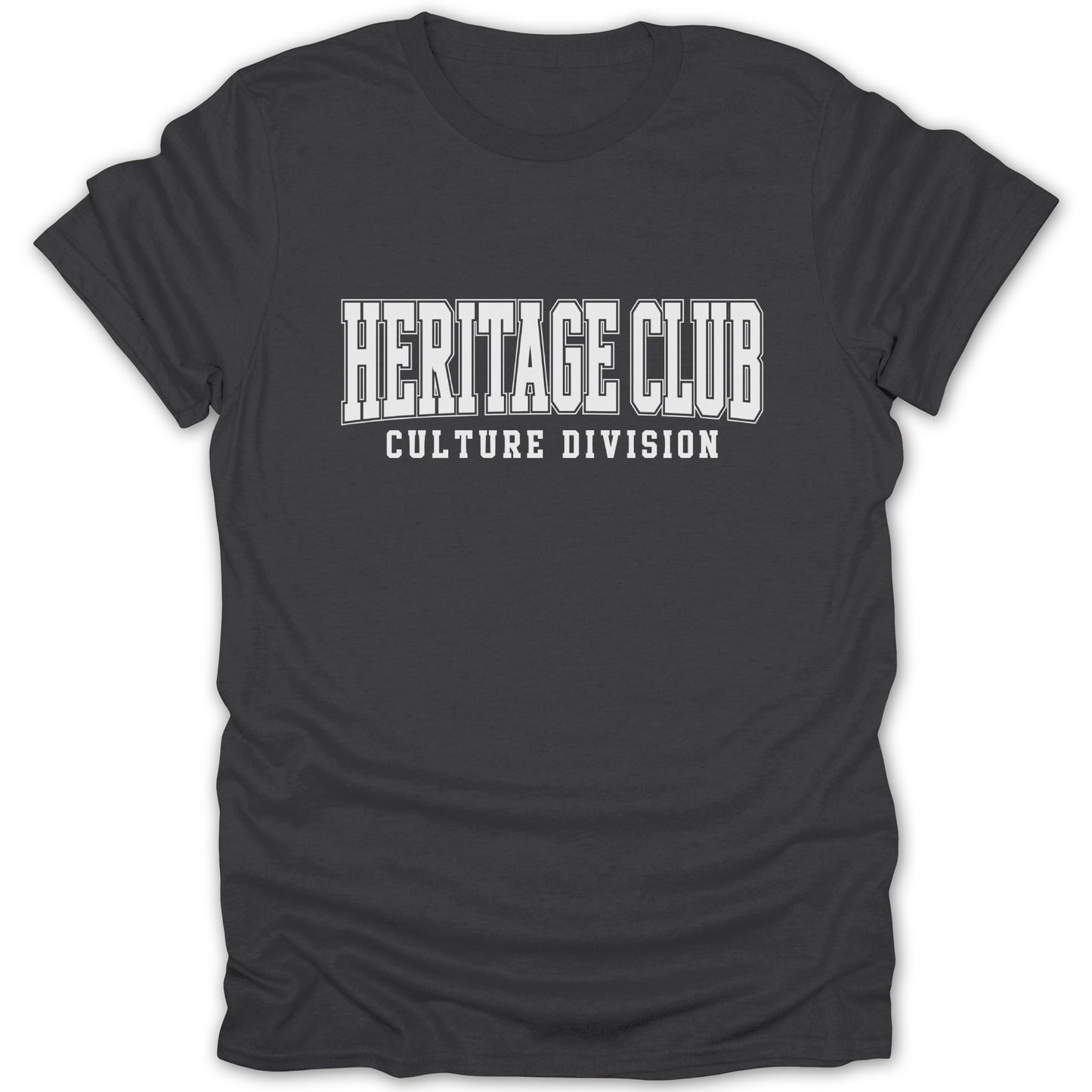 Dark grey t-shirt with white text "HERITAGE CLUB CULTURE DIVISION"