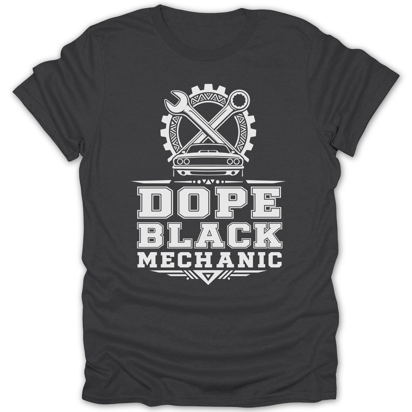 Dark t-shirt with white text and graphics: "DOPE BLACK MECHANIC" and car symbols.