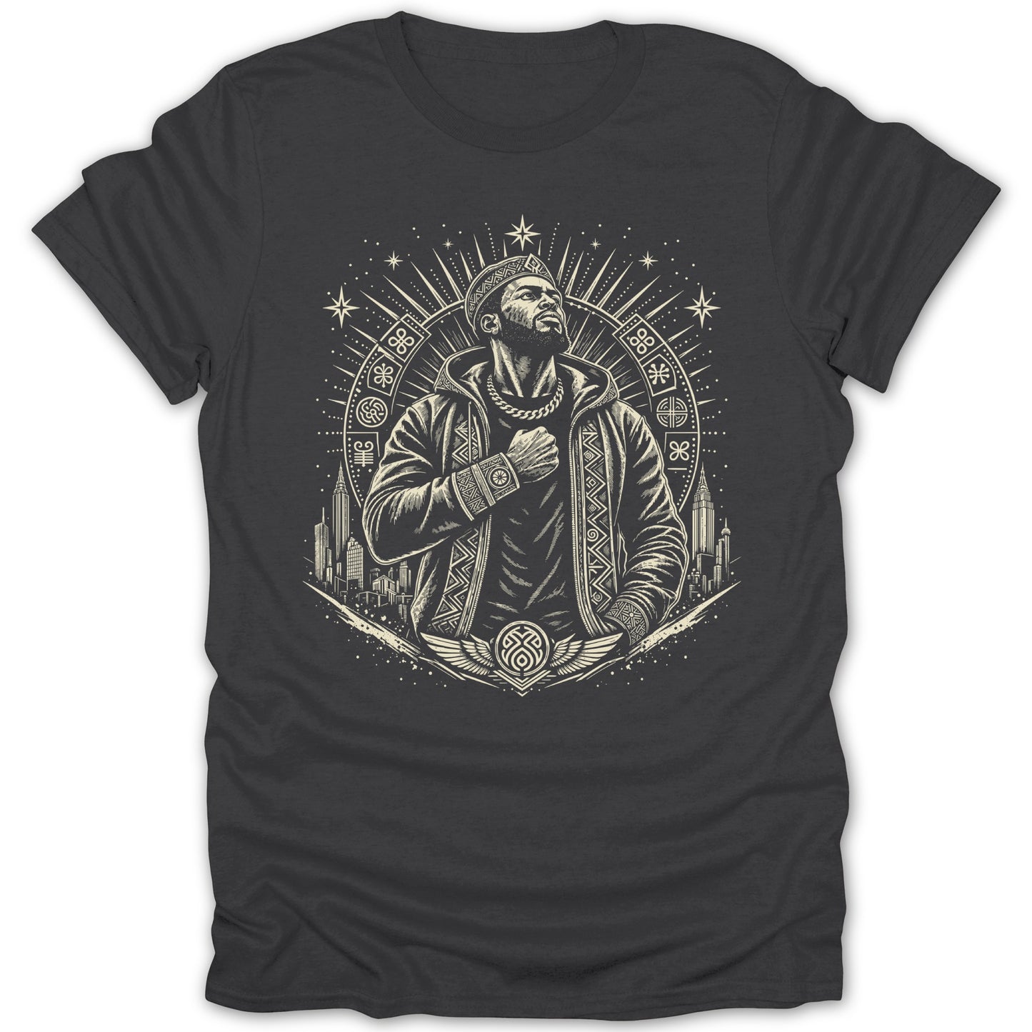 Graphic tee with a man in a jacket and city skyline within ornate sunburst and circular designs.