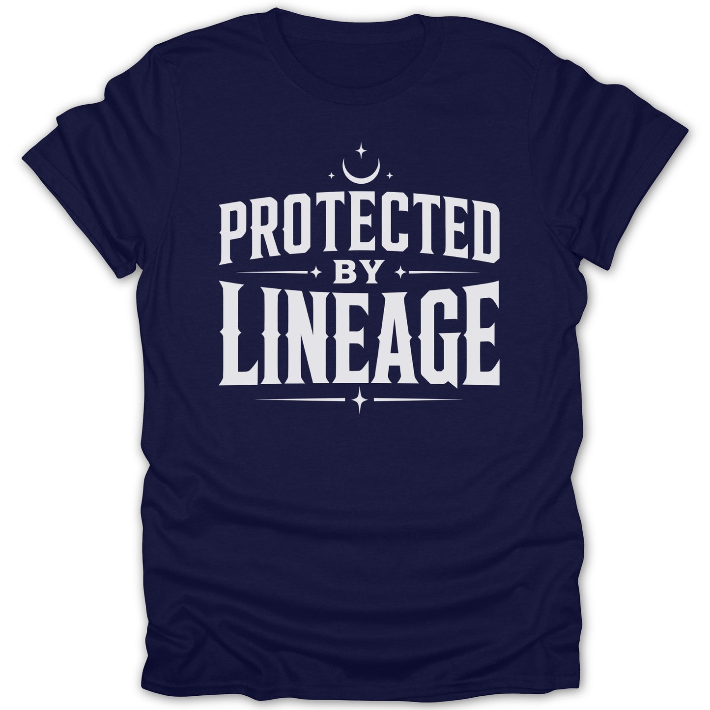 Navy t-shirt with "protected by lineage" in white decorative text.