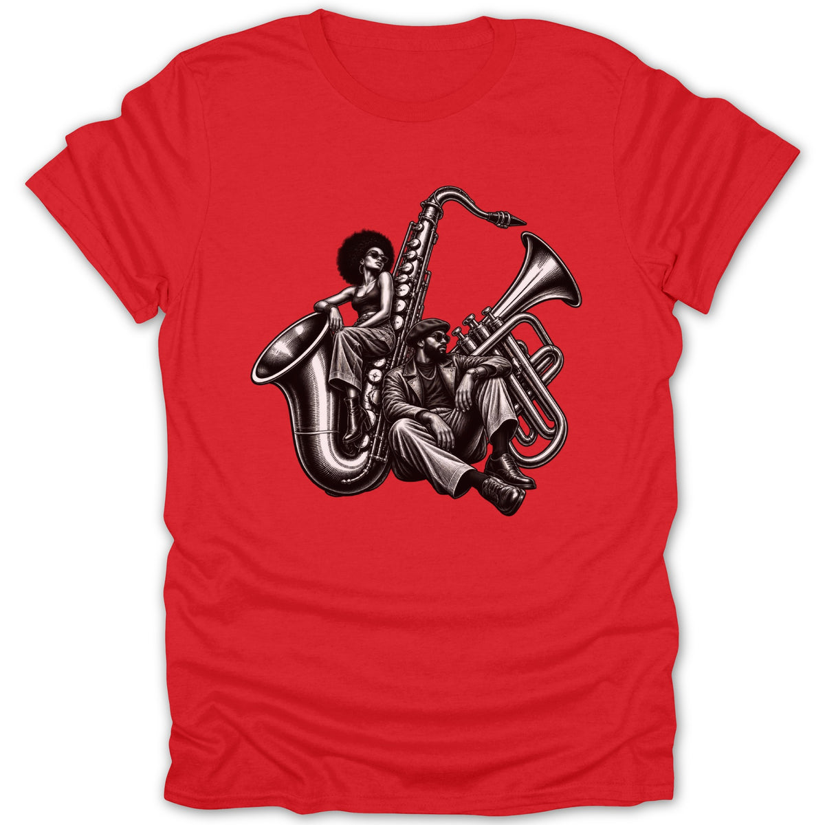 Illustration of two people with musical instruments including a saxophone and tuba.