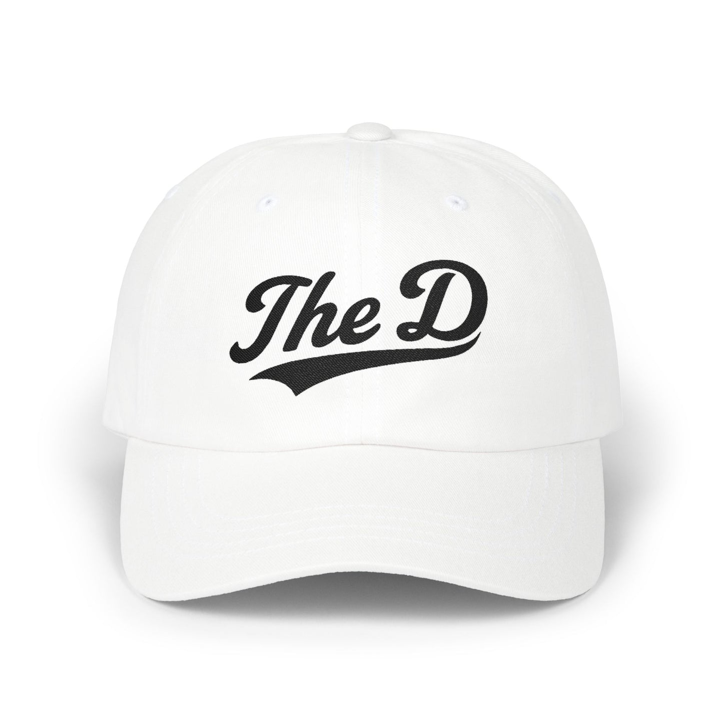 White baseball cap with black "The D" logo.