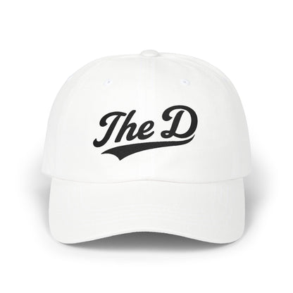 White baseball cap with black "The D" logo.