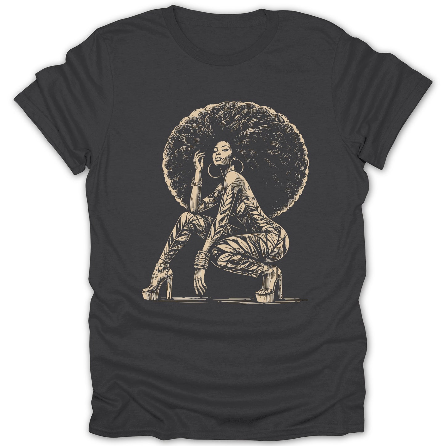 T-shirt featuring a line drawing of a woman with a large afro, wearing patterned clothing and high heels.