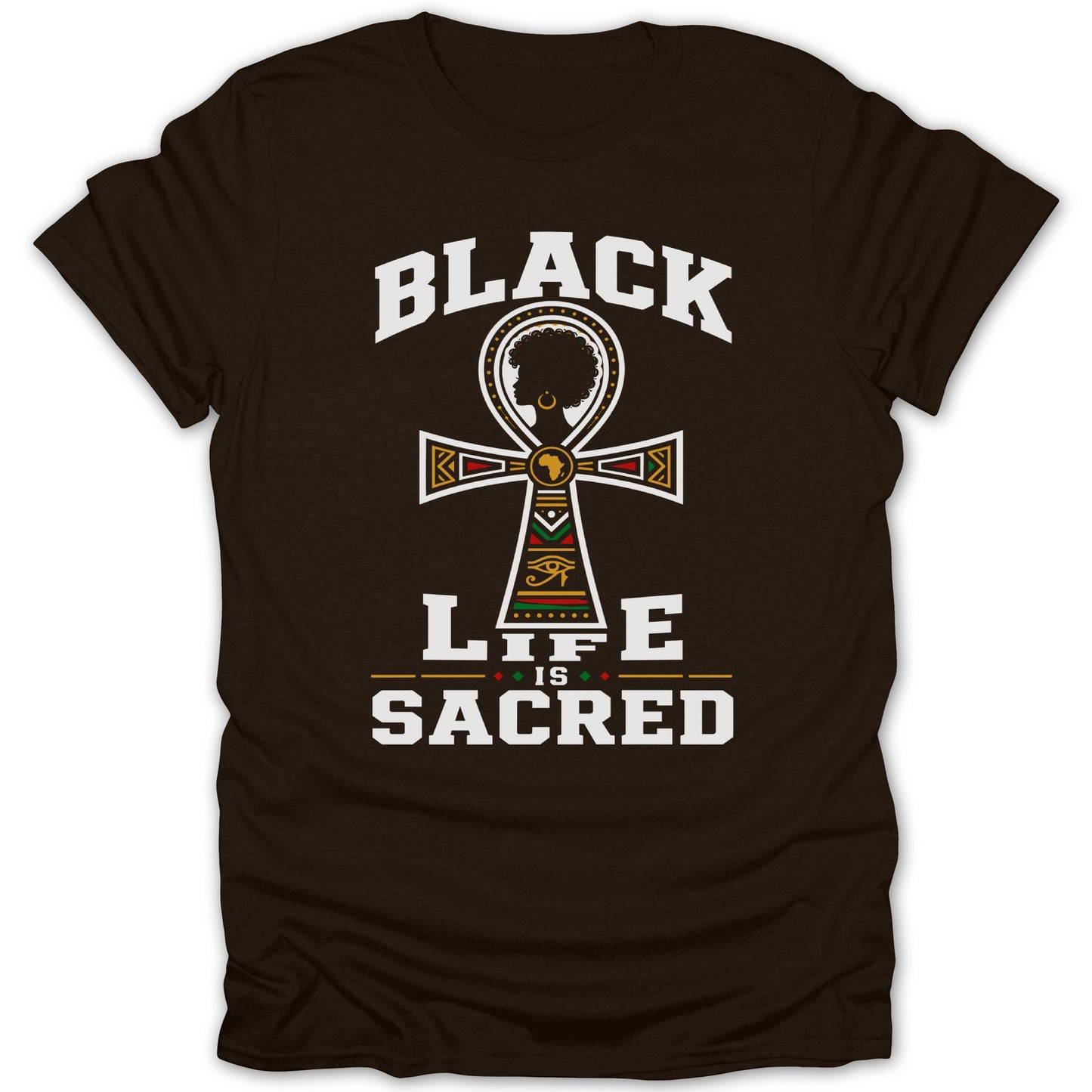 Black is sacred text on a dark brown t-shirt with an ankh symbol.