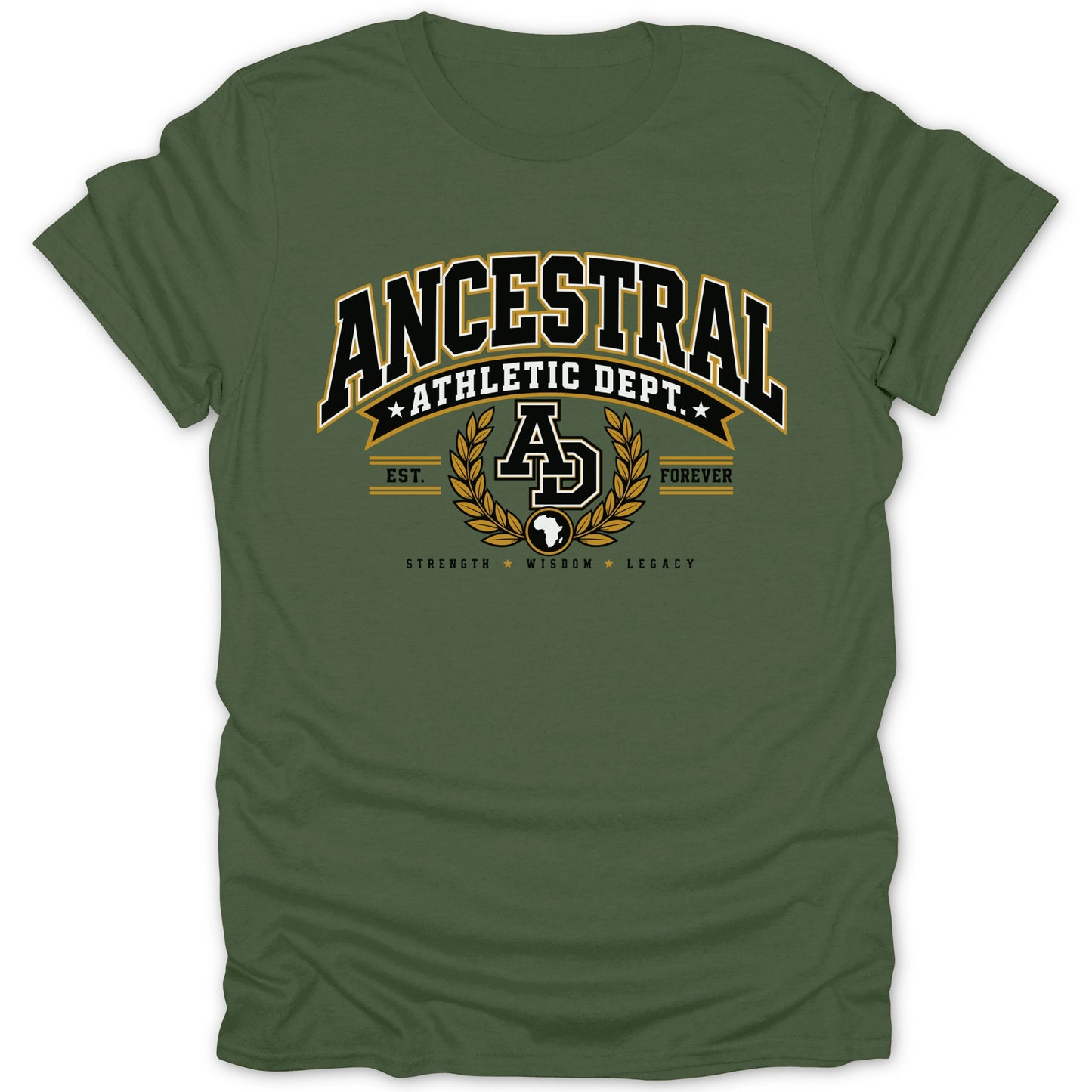 Olive green t-shirt with "Ancestral Athletic Dept" text and laurel wreath logo.