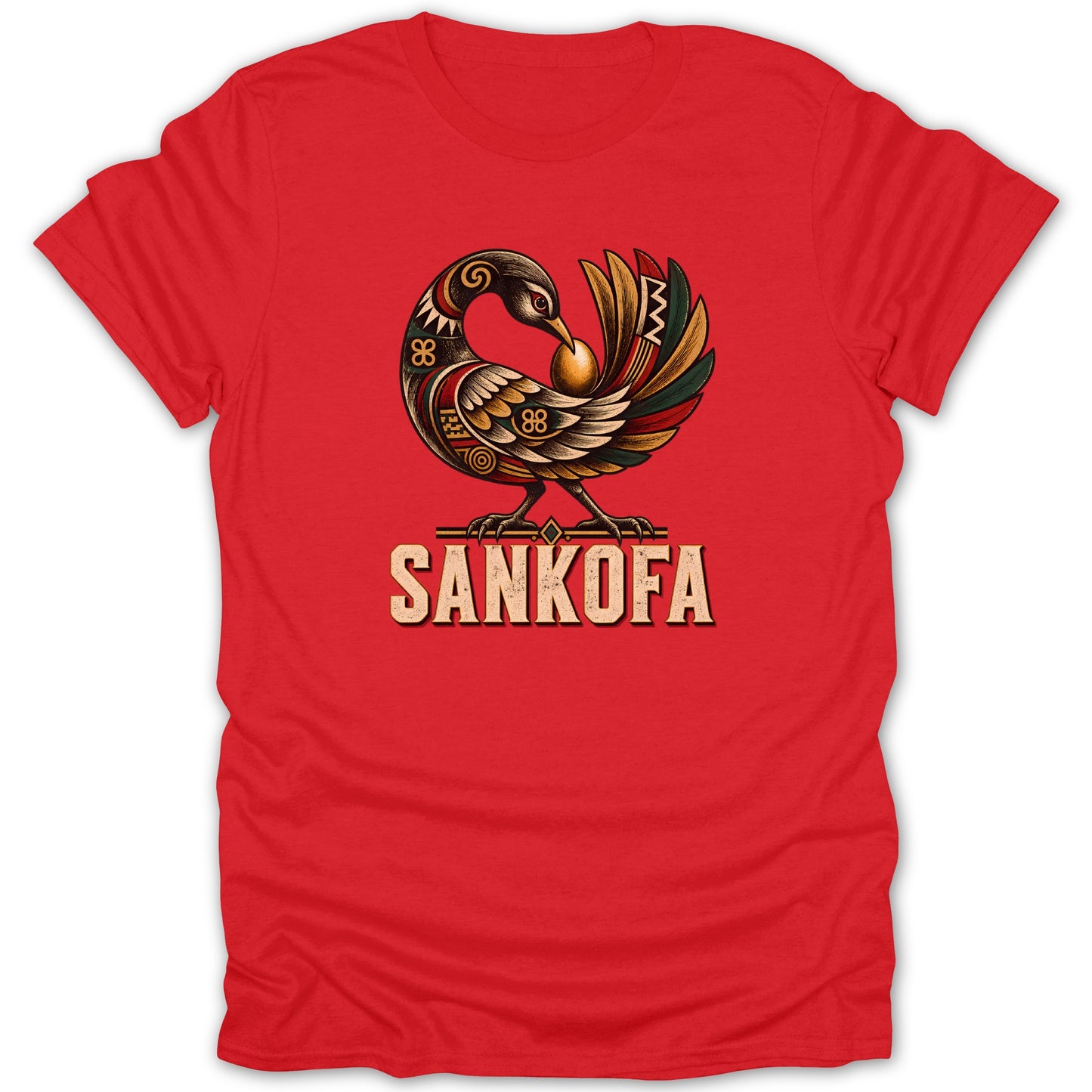 Red t-shirt with Sankofa bird graphic and the word SANKOFA.