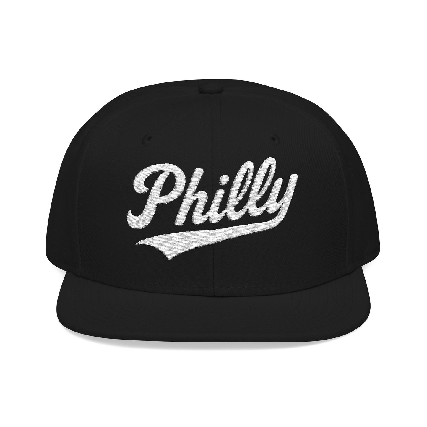 Black baseball cap with "Philly" embroidered in white script.