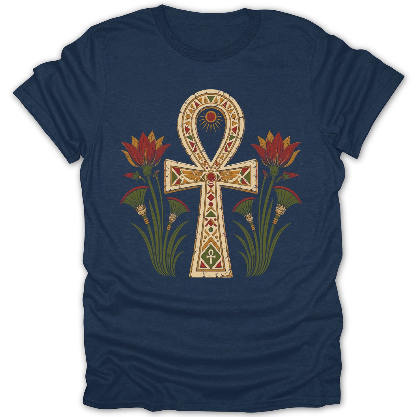 Ankh symbol with Egyptian lotus flowers and sun on a navy t-shirt.