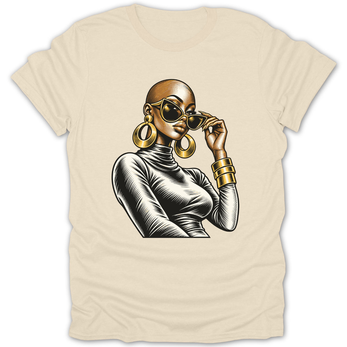 Illustration of a bald woman wearing sunglasses, large hoop earrings, and bracelets.