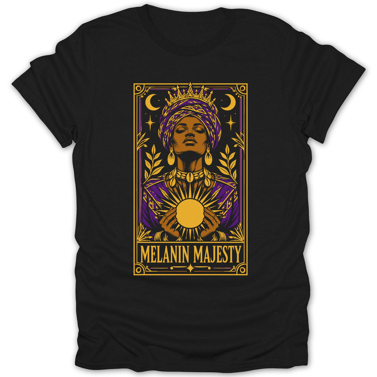 Black t-shirt with "Melanin Majesty" text and regal woman holding sun graphic.