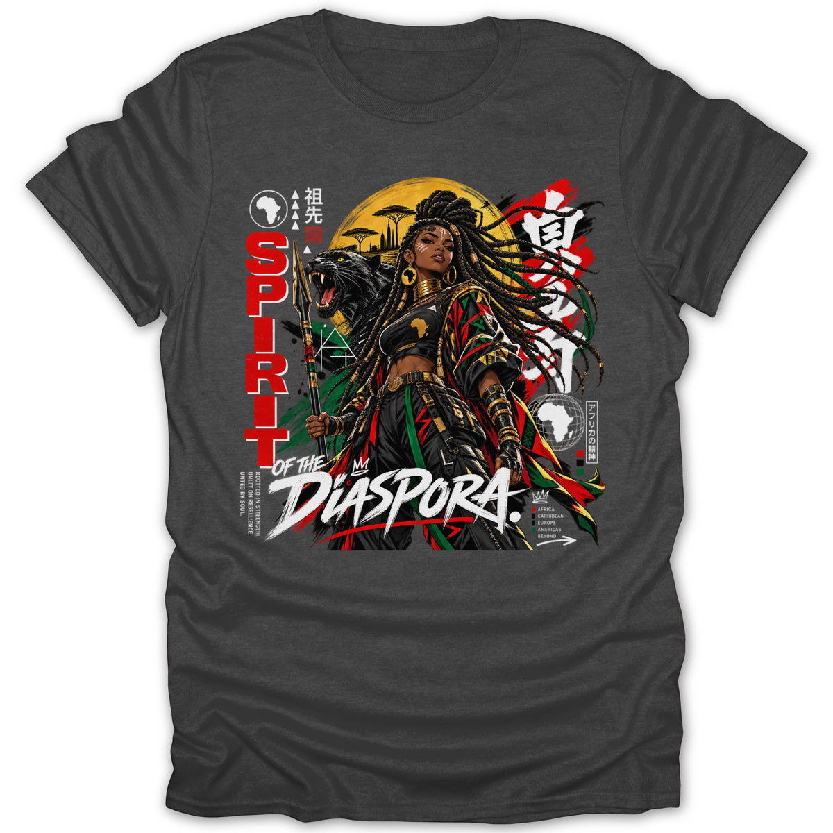 Spirit of the Diaspora graphic on a dark t-shirt with a woman and panther.