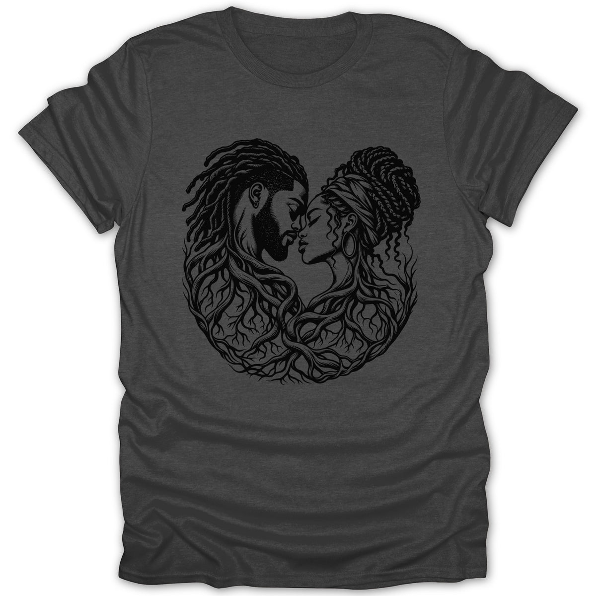 Black line art of a couple embracing, with their hair transforming into tree roots.