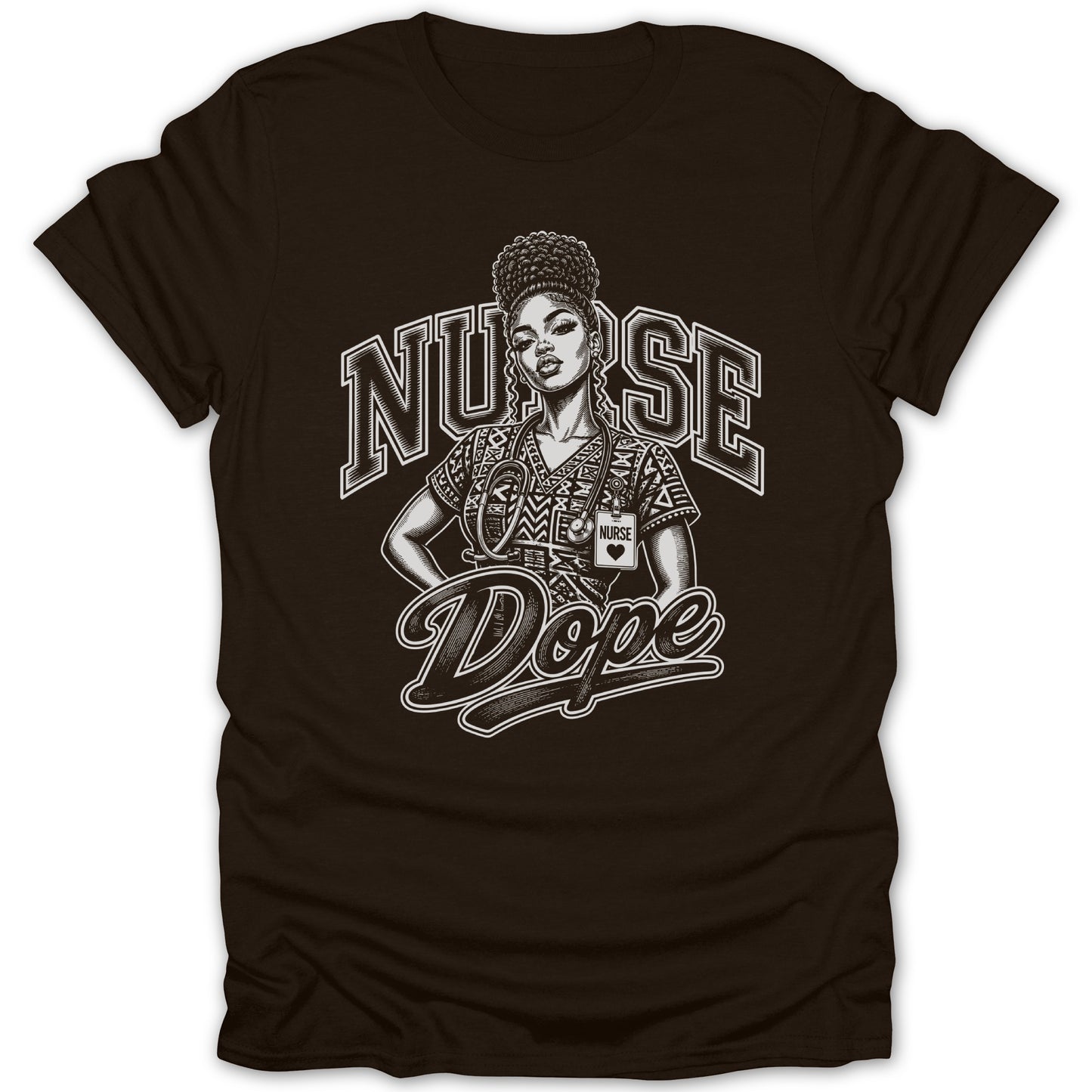 Black t-shirt with design of a nurse and the words "NURSE" and "Dope".