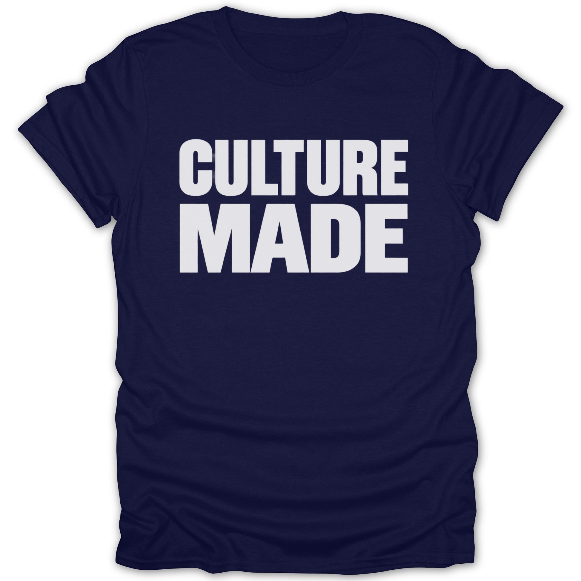 Navy t-shirt with white "CULTURE MADE" text.