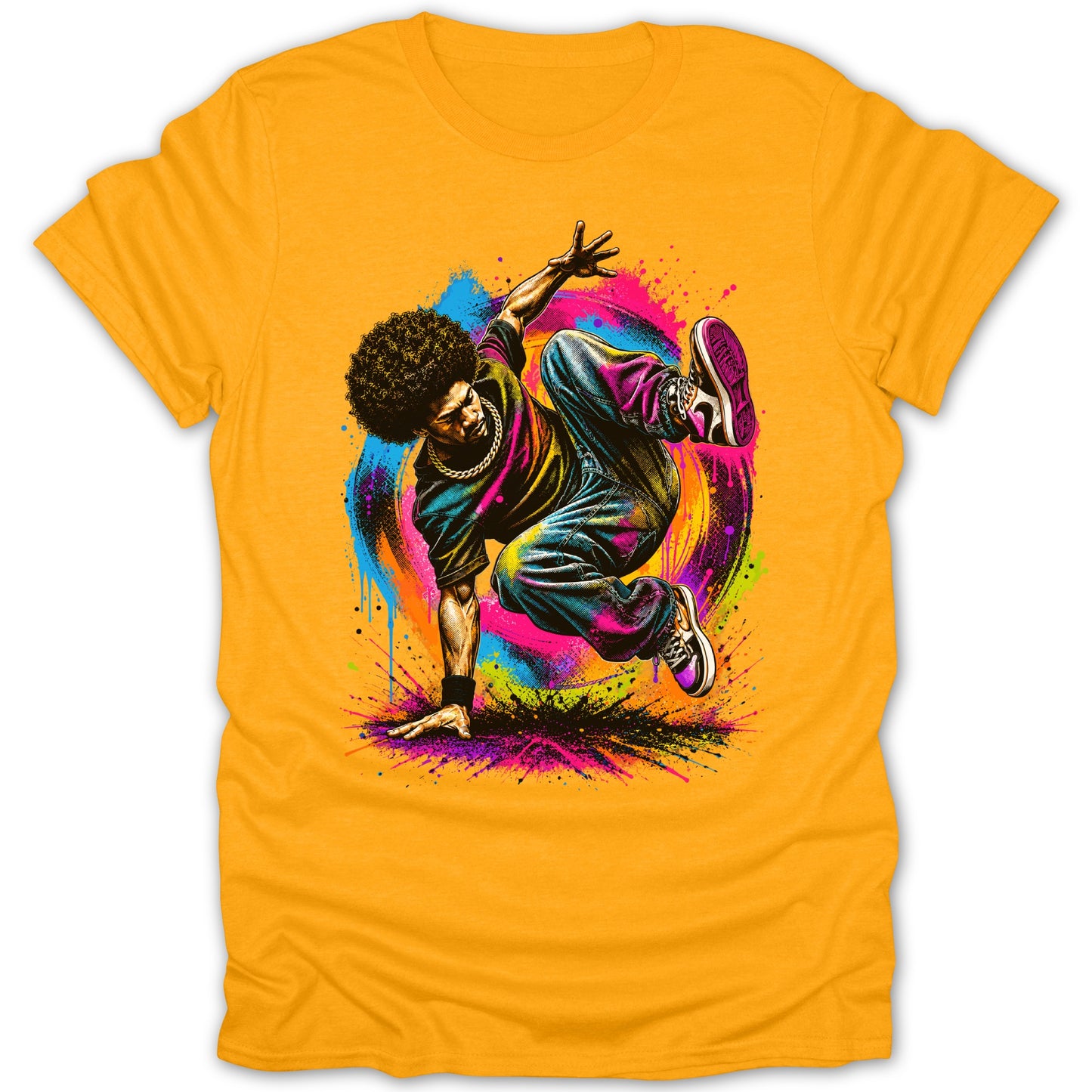 Breakdancer in action with colorful paint splatters and a circular background.